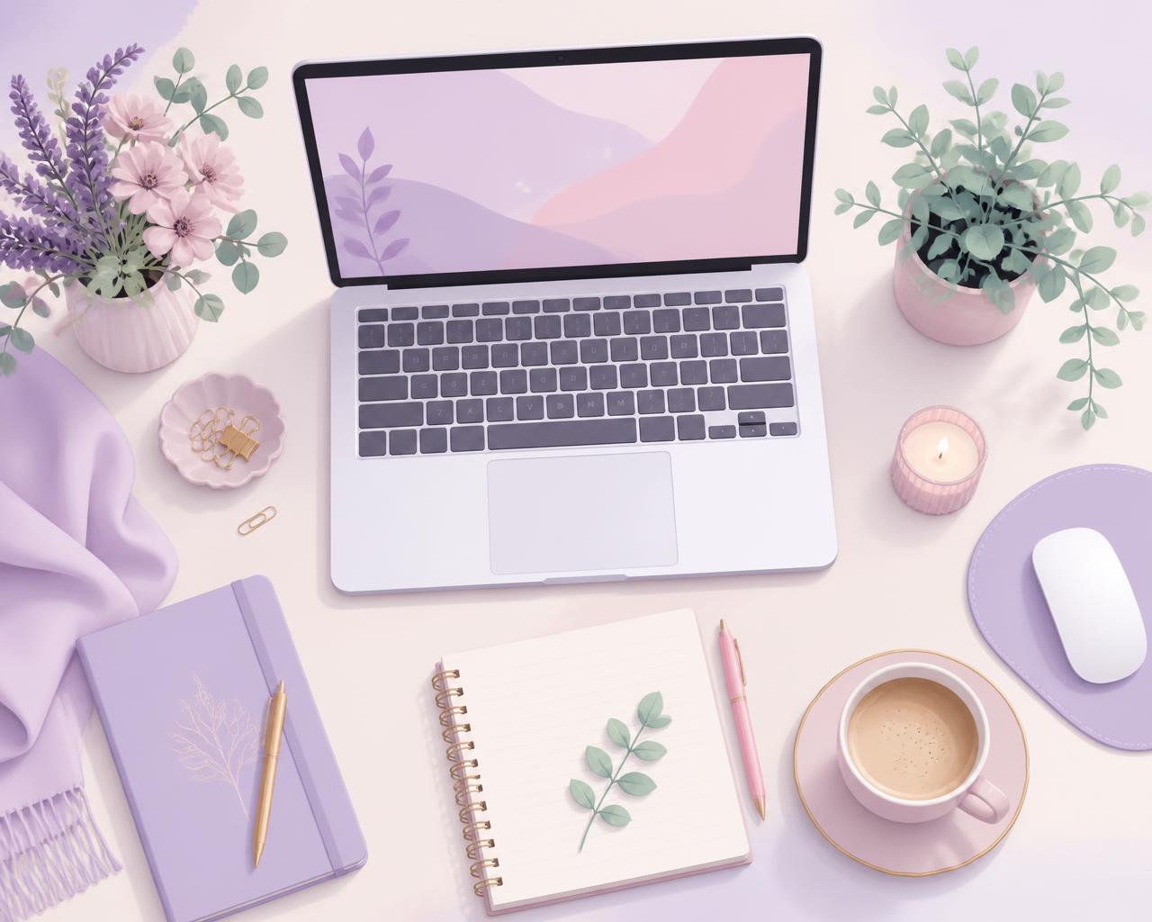 Pastel flat-lay of a remote worker's desk with laptop, notebook and coffee